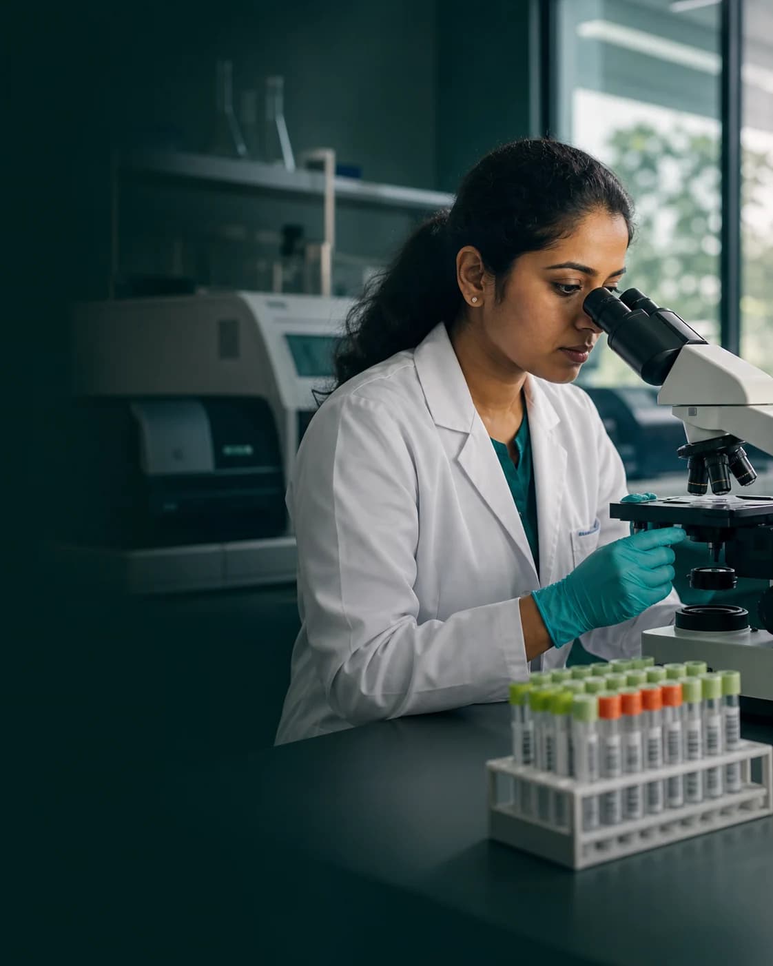 Indian laboratory technologist examining a slide at a microscope