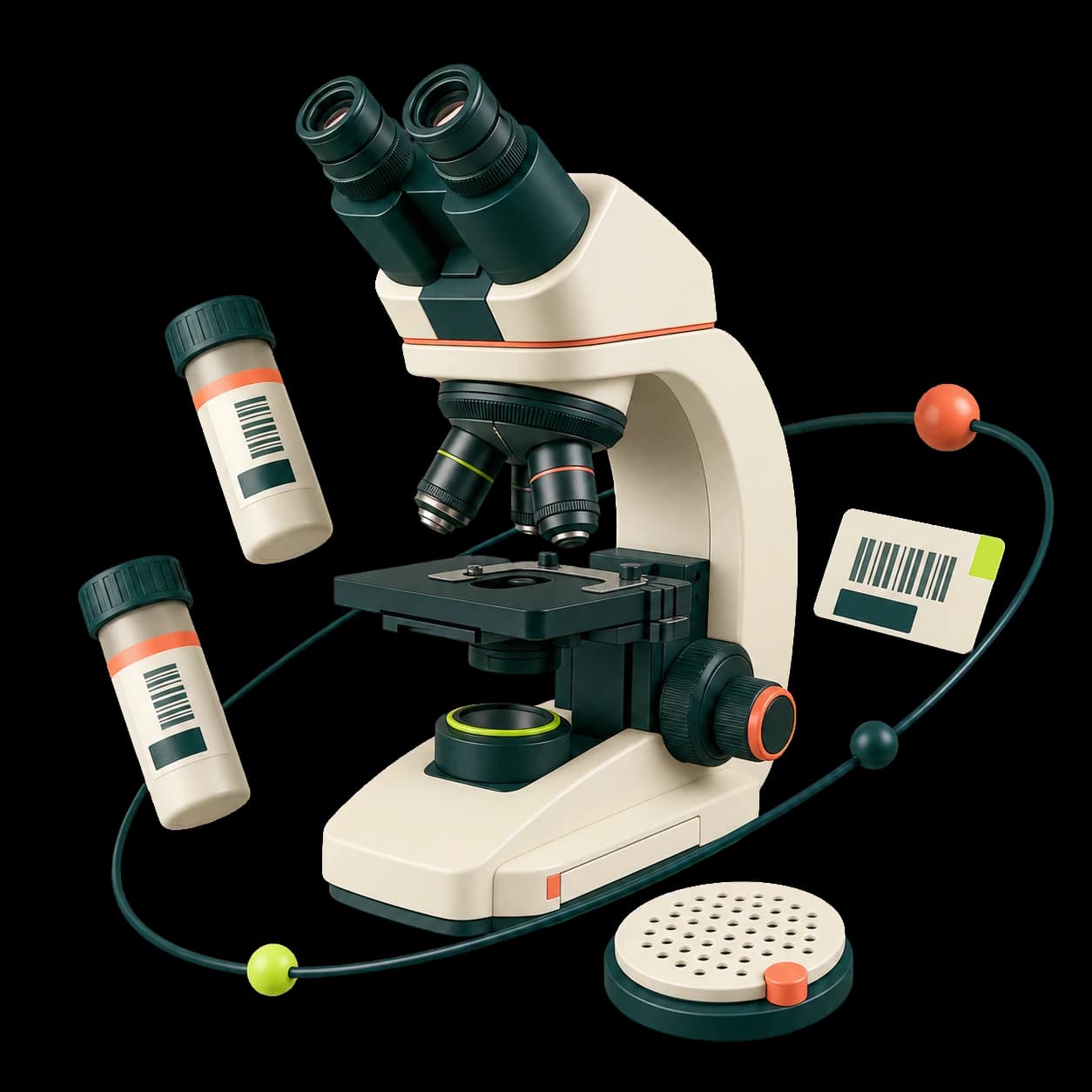 Sculptural microscope surrounded by tracked specimen tubes and barcode labels